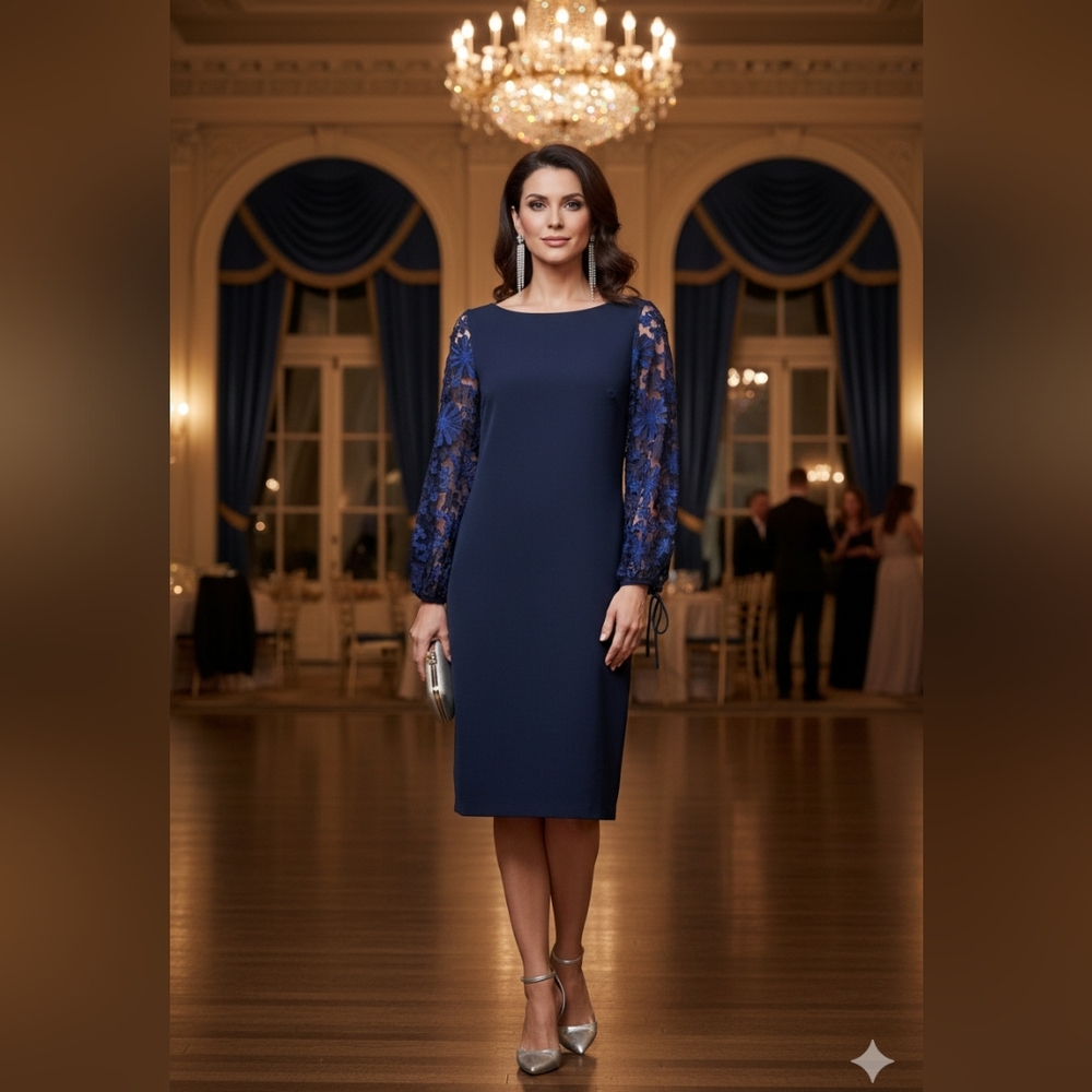 Badgley Mischka Boatneck Sheath Dress with Floral Puff Sleeves, Navy Blue Sz 14 - Picture 4 of 15